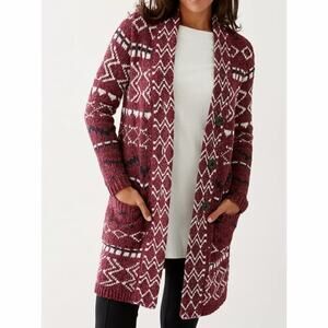 J. Jill Duster Long Cardigan Cozy Port Multi Jacquard Aztec Burgundy Maroon Sz M